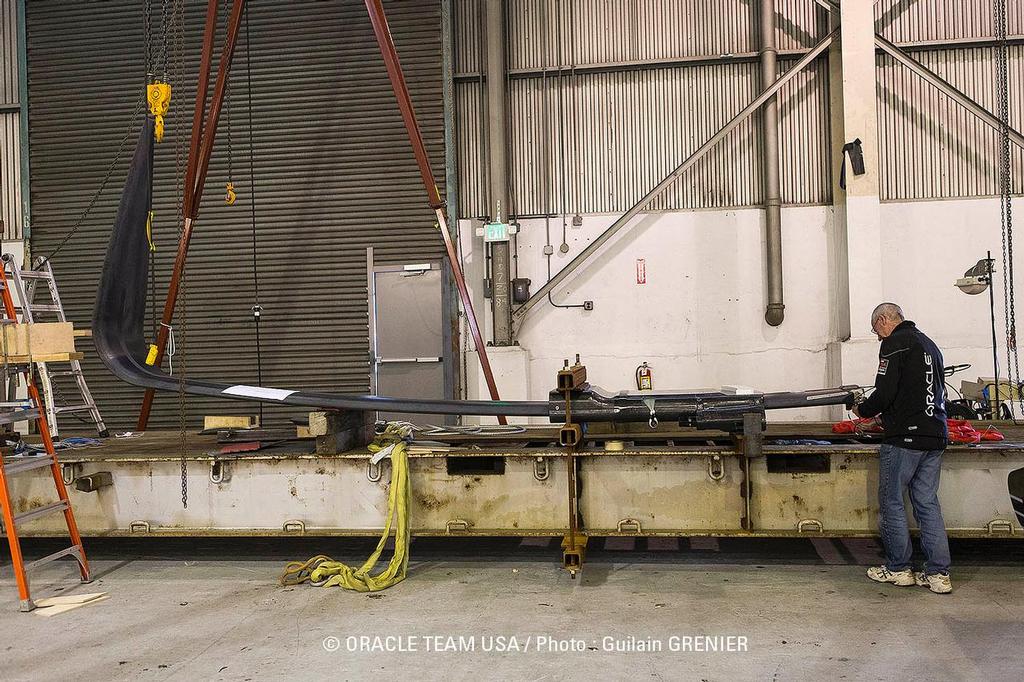 AC 72 foil at rest on the test bed located in the  Boat 1 Repair and Boat 2 building - taken in February 2013 when the team was in the building of Boat 2 and repair of Boat 1 phase. © Guilain Grenier Oracle Team USA http://www.oracleteamusamedia.com/